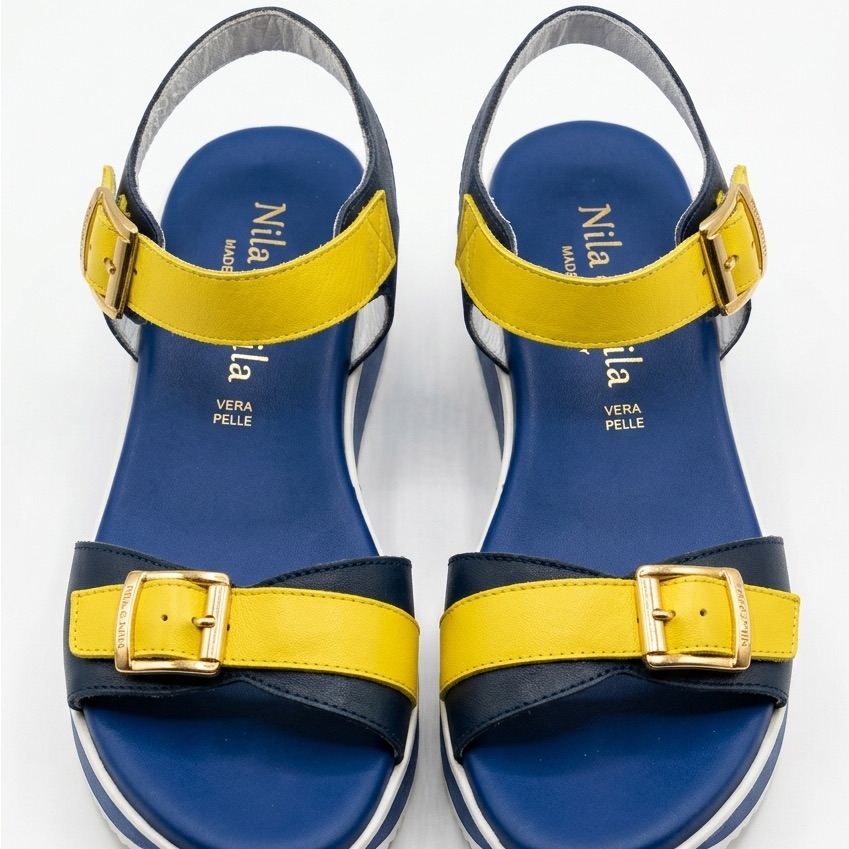 Nila & Nila Women’s Blue And Yellow Leather Comfort Summer Buckle Sandals